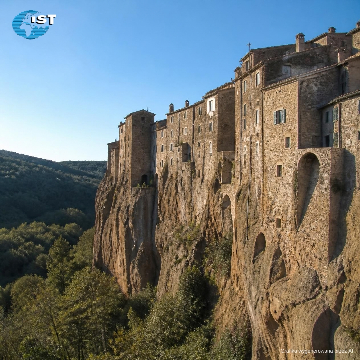 Pitigliano w Maremmie, kamienne domy zbudowane na tufowej skale nad zalesioną doliną